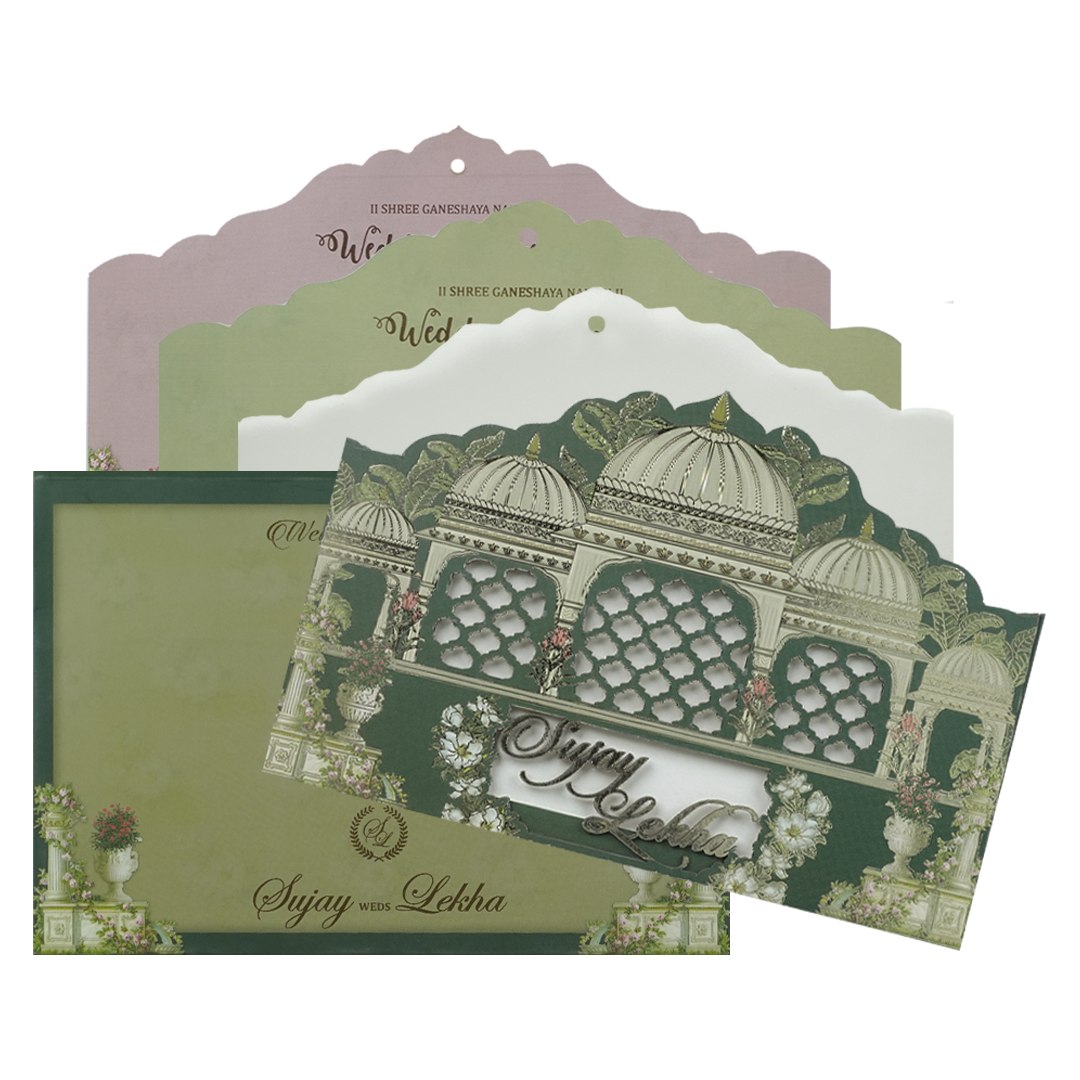 Royal Green Palace Cutout Wedding Card-KRE27310