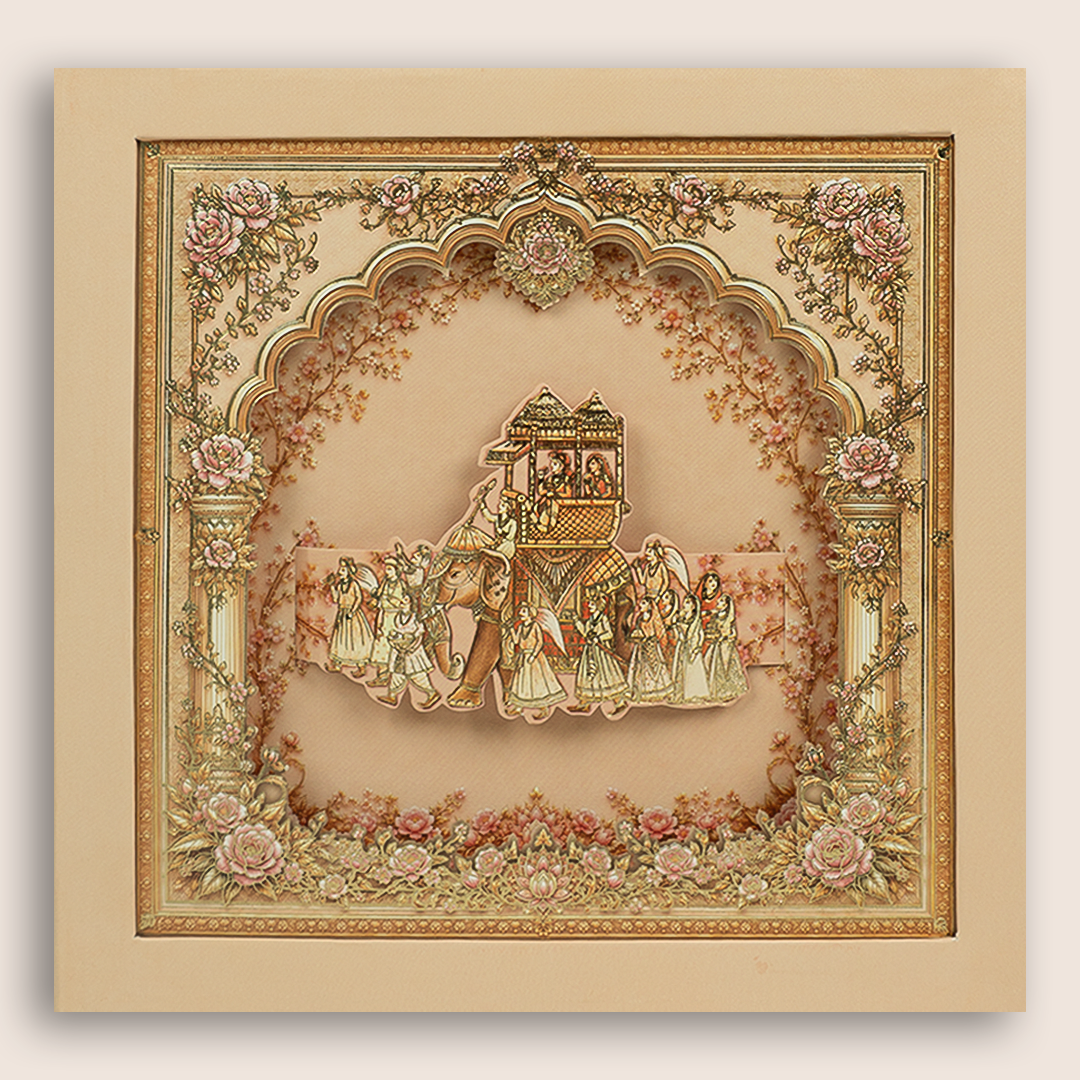 Beige Royal Baraat Laser Cut Padded Wedding Card - KPR026190