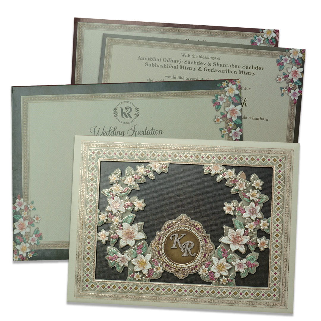 Green Floral Monogram Padded Wedding Card - KSI64120