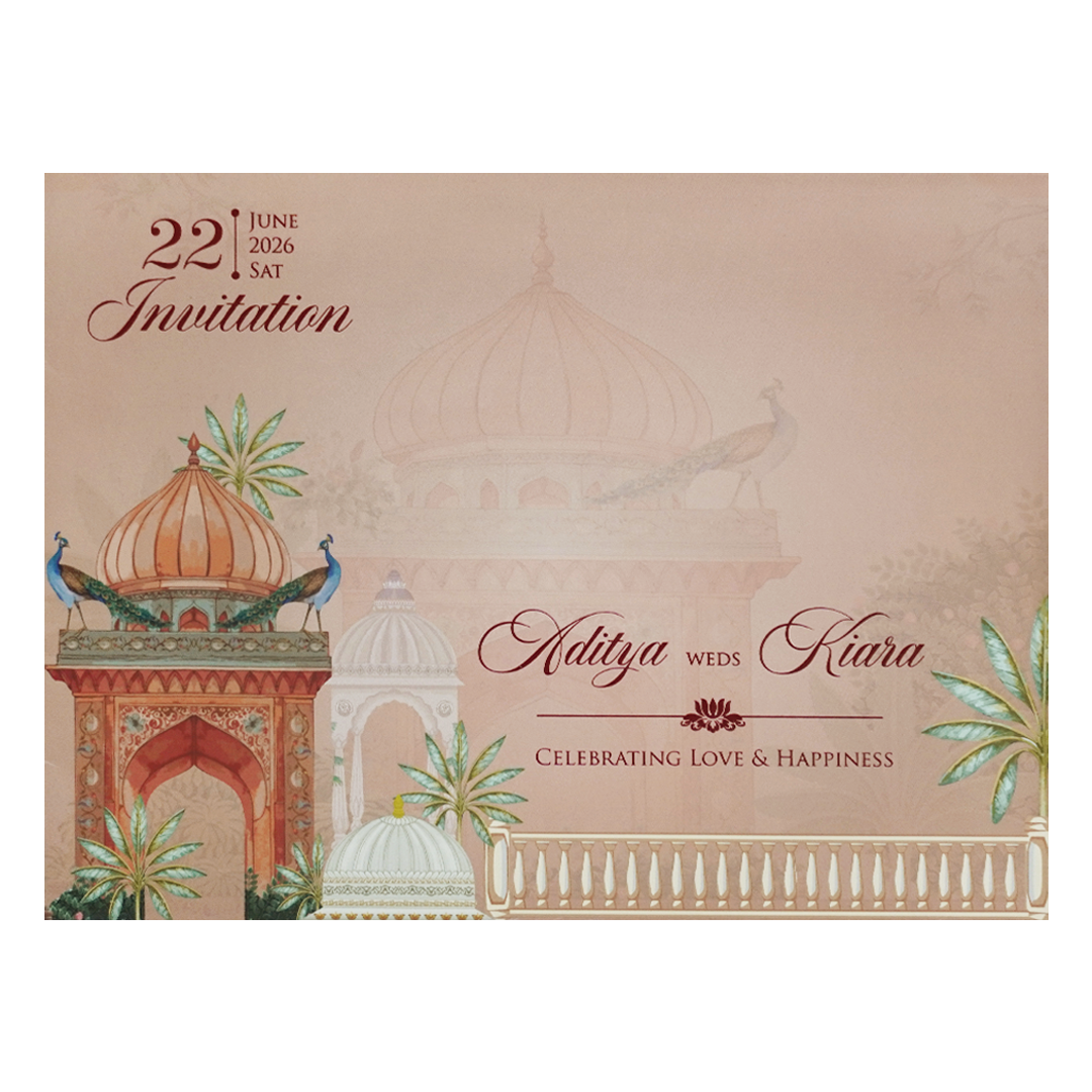 Peach Palace Elephant Baraat Wedding Card-KFR16060