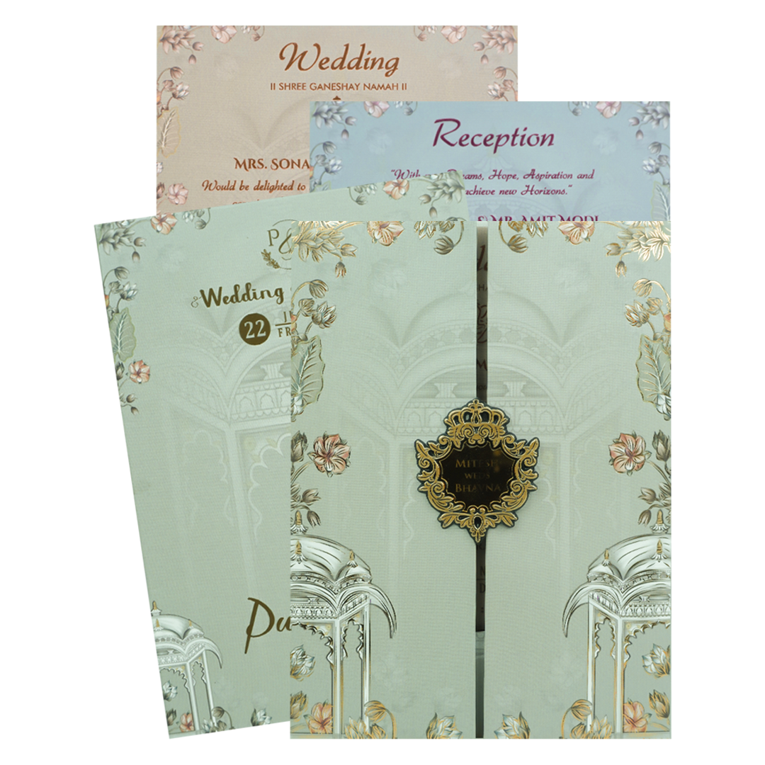 Grey Gold Floral Padded Wedding Card-KJTS1823
