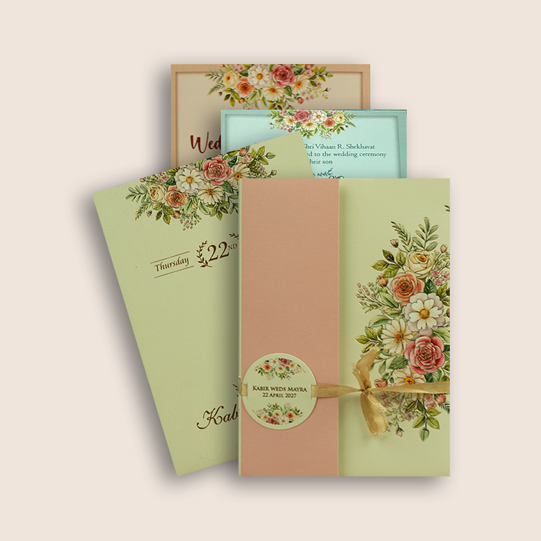 Cream Floral Door Style Wedding Invitation Card - KPR07350