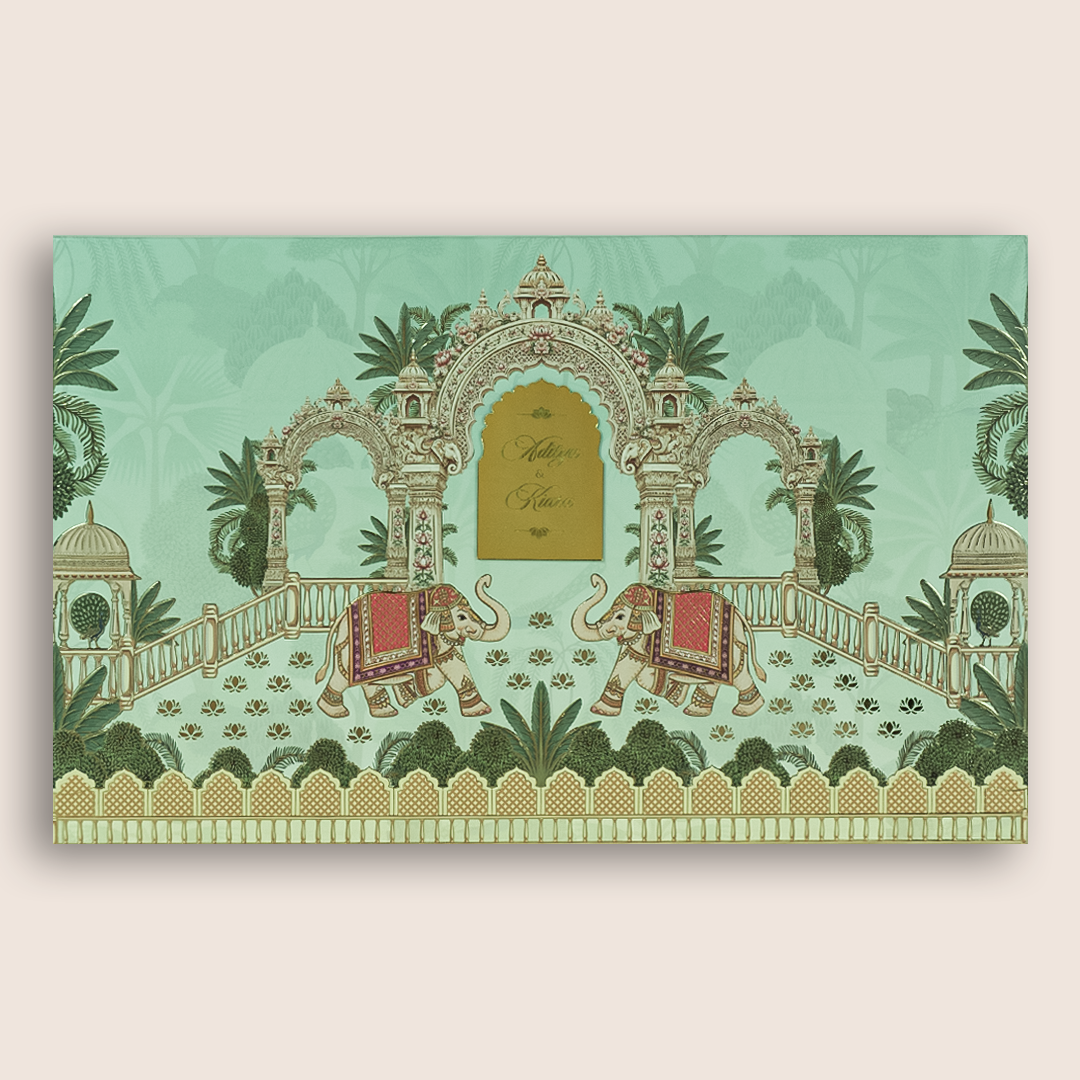 Pastel Green Embosses Elephant Padded Wedding Card - KFR17410