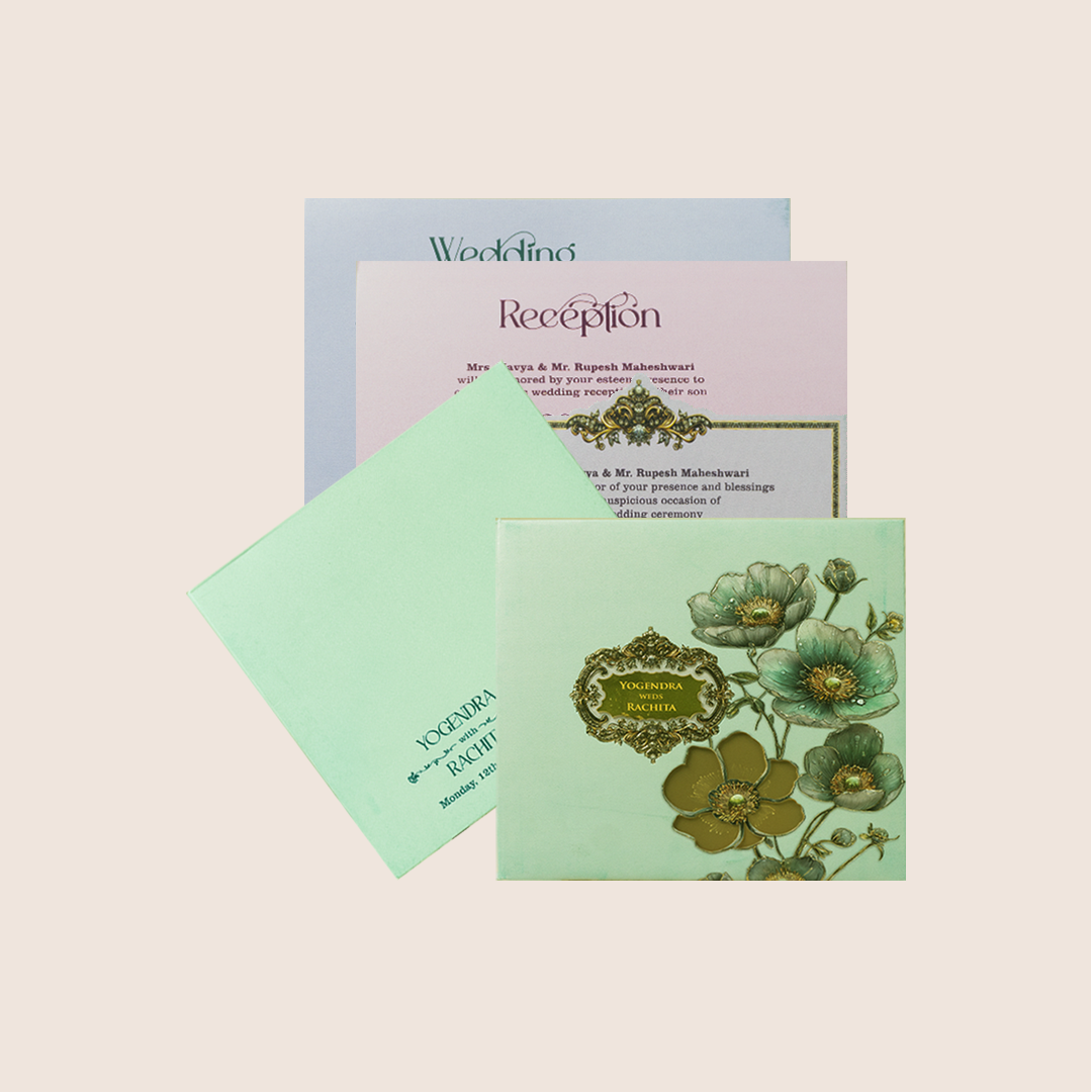 Light Blue Embossed Floral Padded Invitation Card - KPR026090