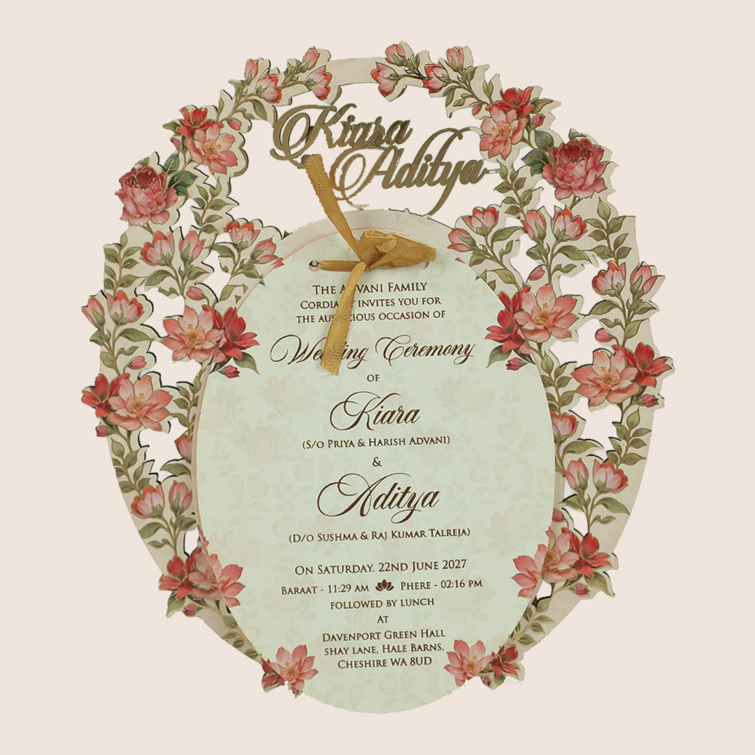 Peach Floral MDF Laser Cut Wedding Card - KFR17010