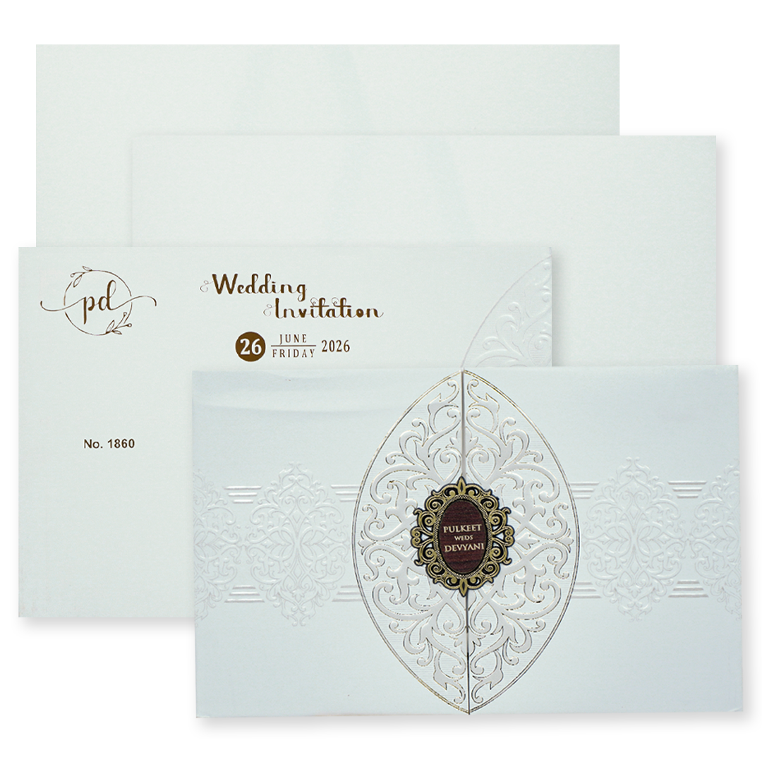 White Royal Motif Padded Wedding Card-KJTS1860