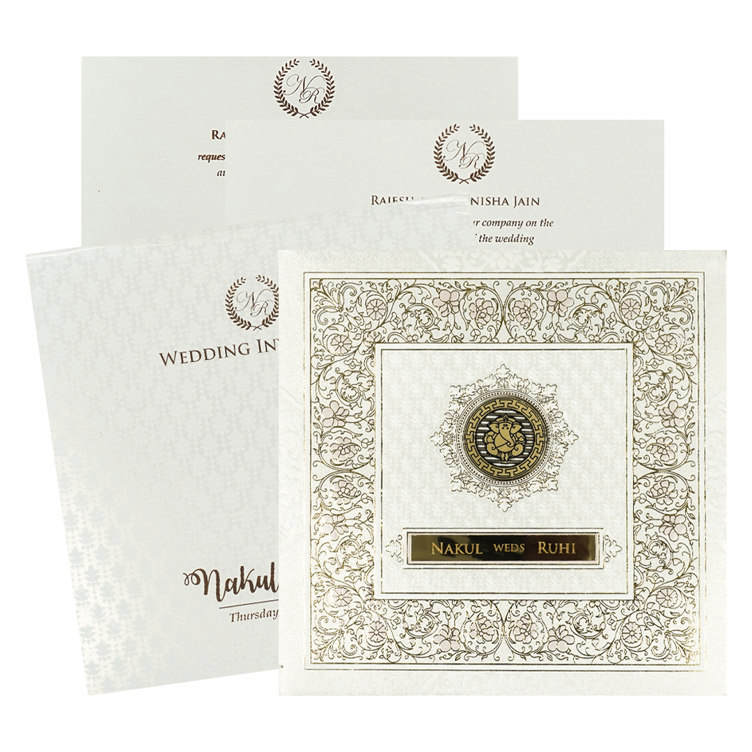 White Pastel Floral Border Padded Wedding card-KRE28300