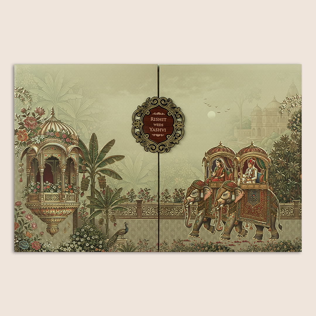 Beige Embossed Royal Baraat Door Padded Marriage Card - KSH18140