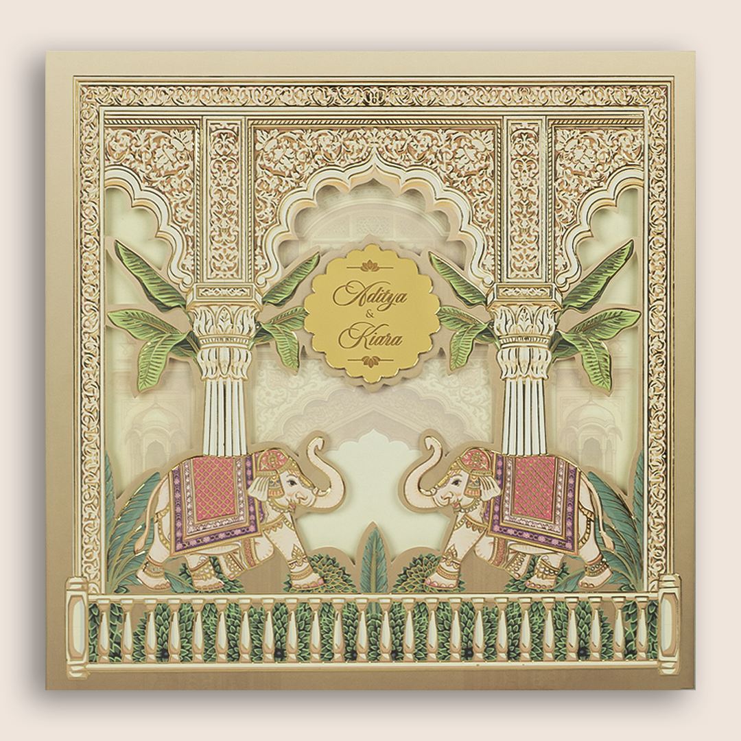 Beige Elephant Laser Cut Padded Marriage Card - KFR17450
