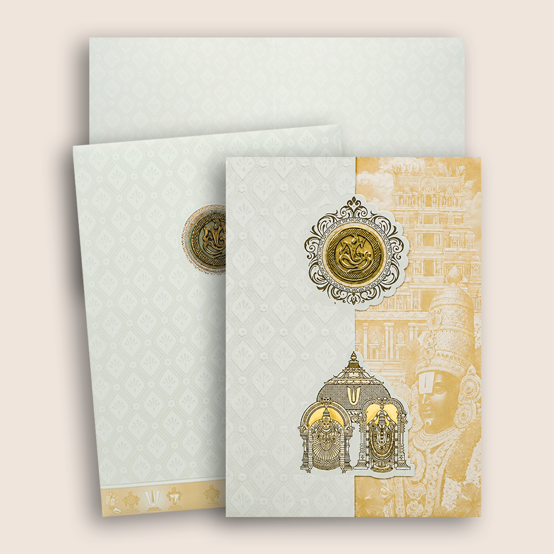 White Pastal Yellow Lord Venkateshwara Wedding Card - KNA2405Y