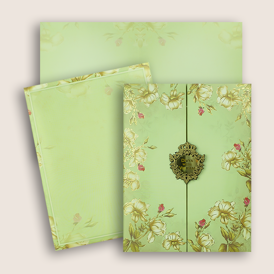 Green Floral Door Style Wedding Card - KNKC4097