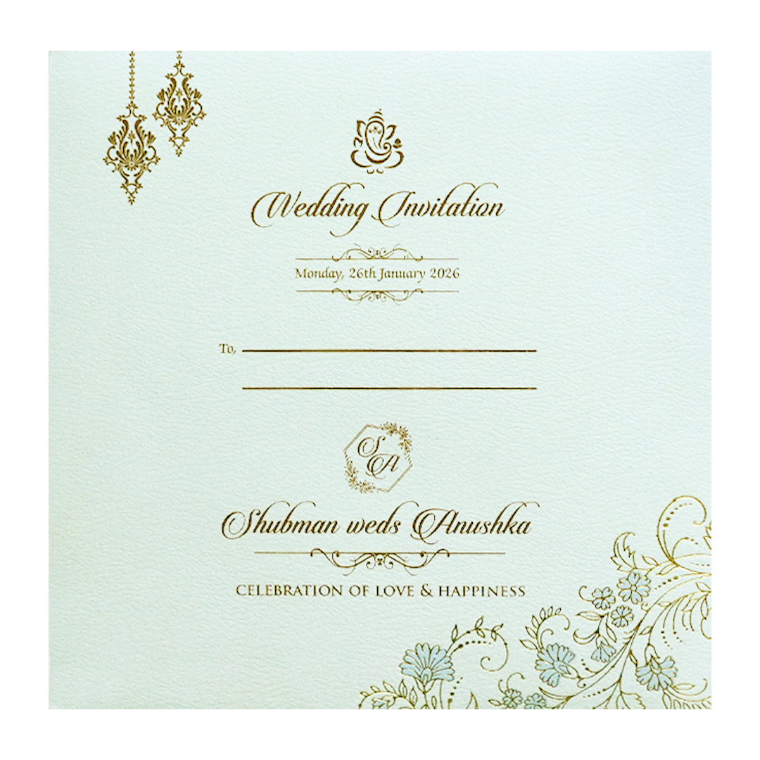 White Gold Embossed Padded Floral Wedding Invitation Card-KRB09580