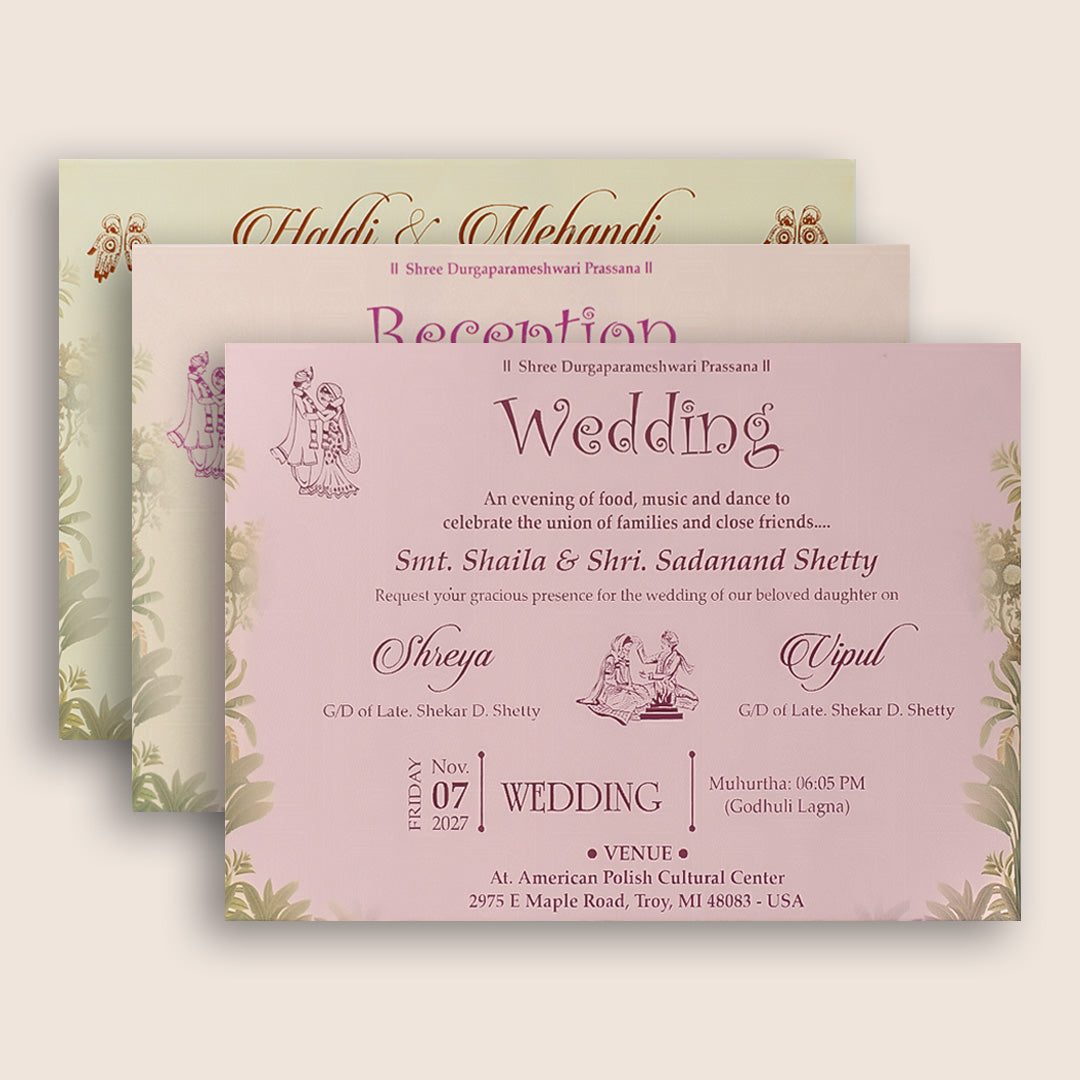 Pastel Pink Royal Elephant Padded Wedding Card - KSH18240
