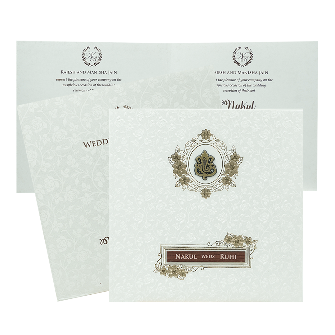 White Ganesha Floral Embossed Wedding Card-KRE28550