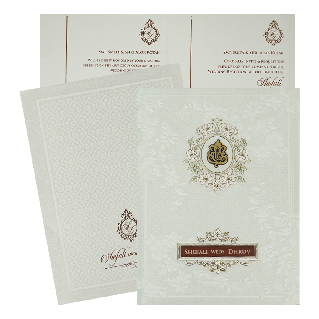 White Embossed Ganesha Classic Wedding card-KRE28450