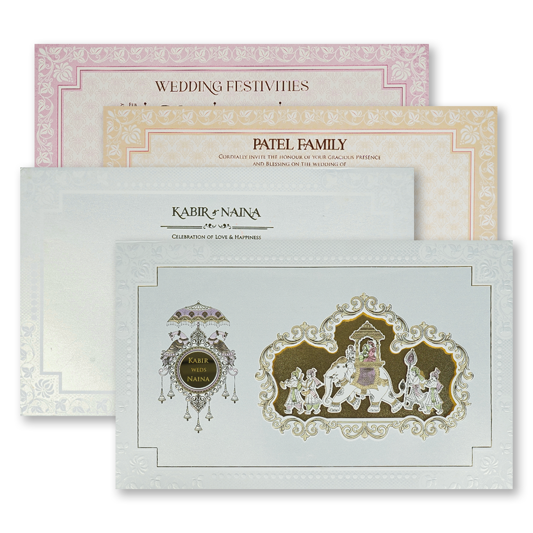 Check out White Gold Barat Padded Wedding Card at best price.WhatsApp Support|Express Delivery|King of cards.