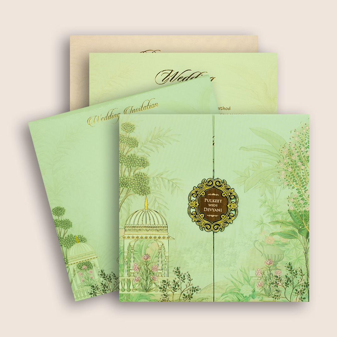 Pastel Green Jharokha Padded Door Style Wedding Card - KJTS1817