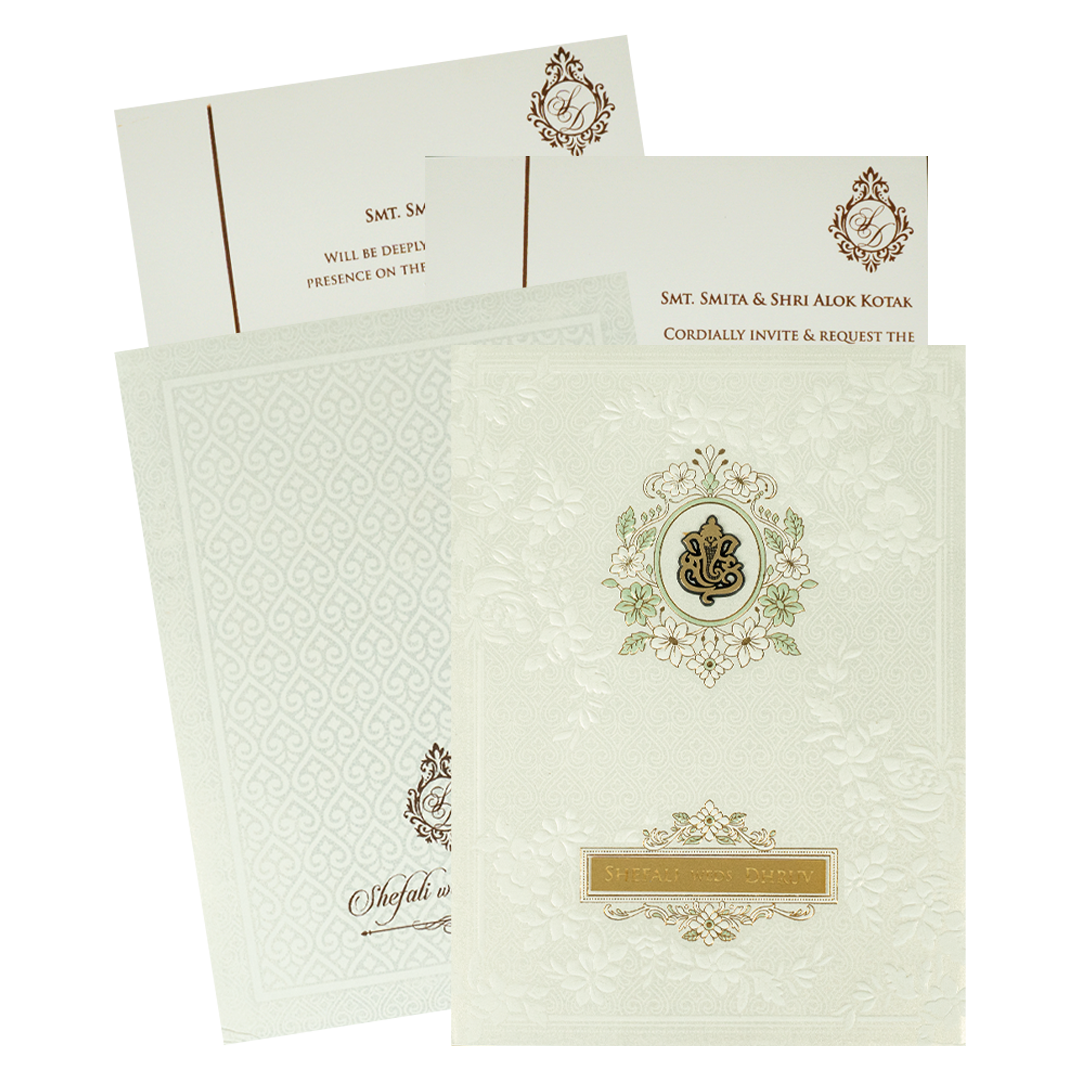 White Ganesha Embossed Padded Wedding card-KRE28190
