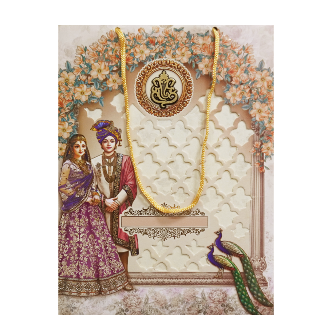 Cream Floral Couple Peacock Bag Wedding Card - KSH73210