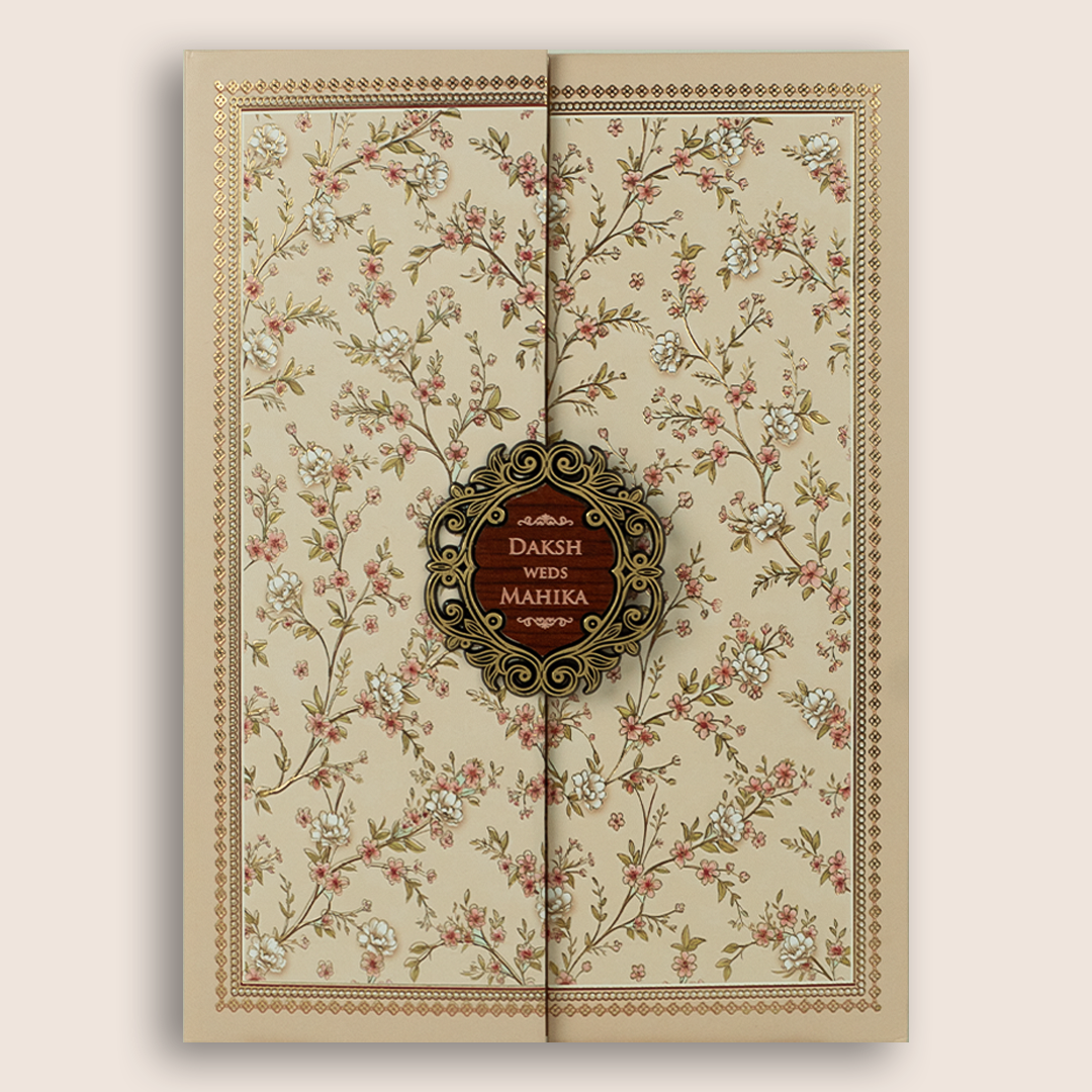Pastel Peach Floral Door Style Padded Wedding Invitation Card - KSH18580