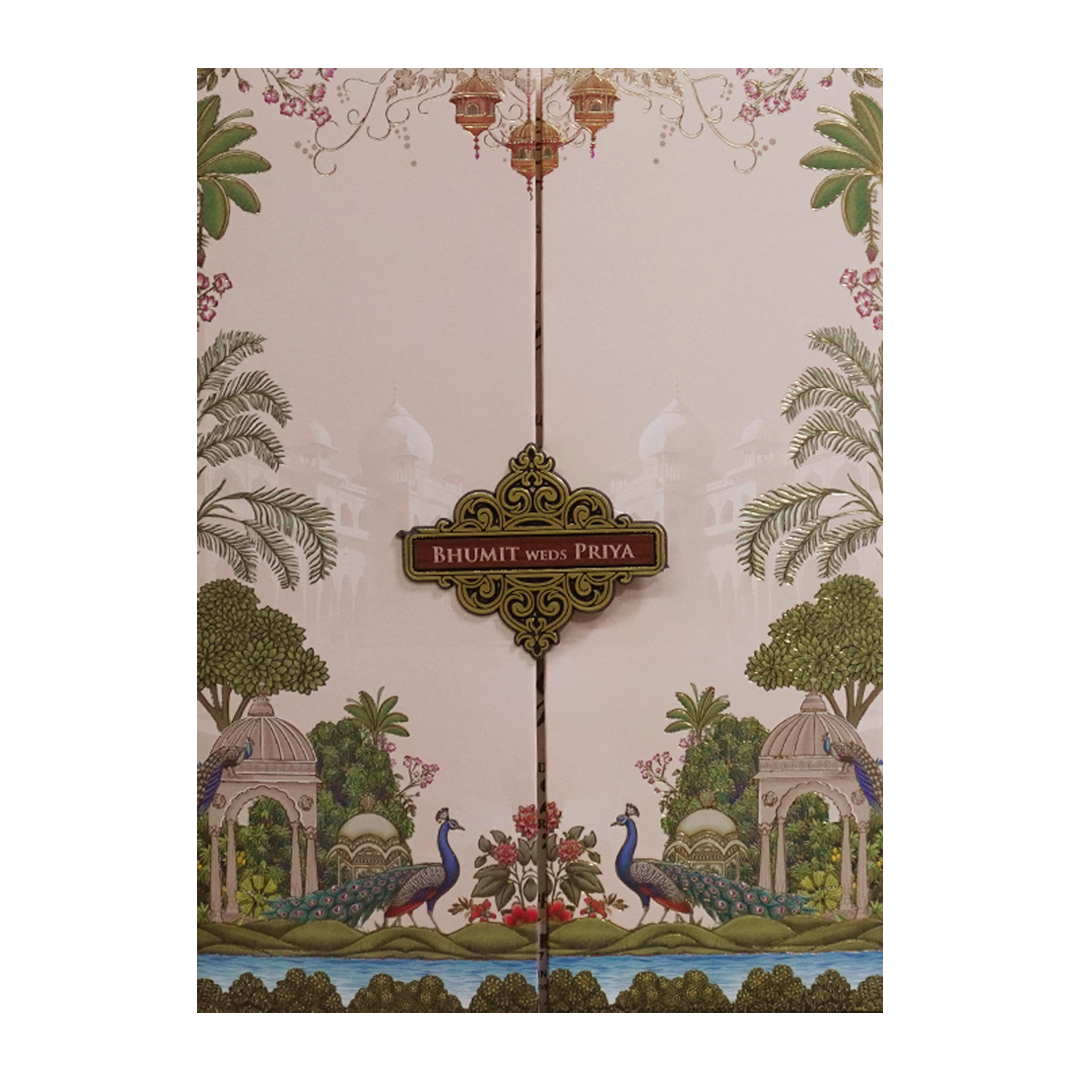 Pink Peacock Palace Padded Wedding Card- KSH72590