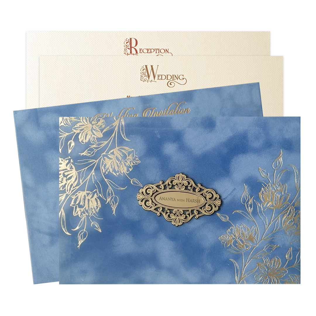 Blue Floral Emblem Padded Wedding Card-KMMWD1160