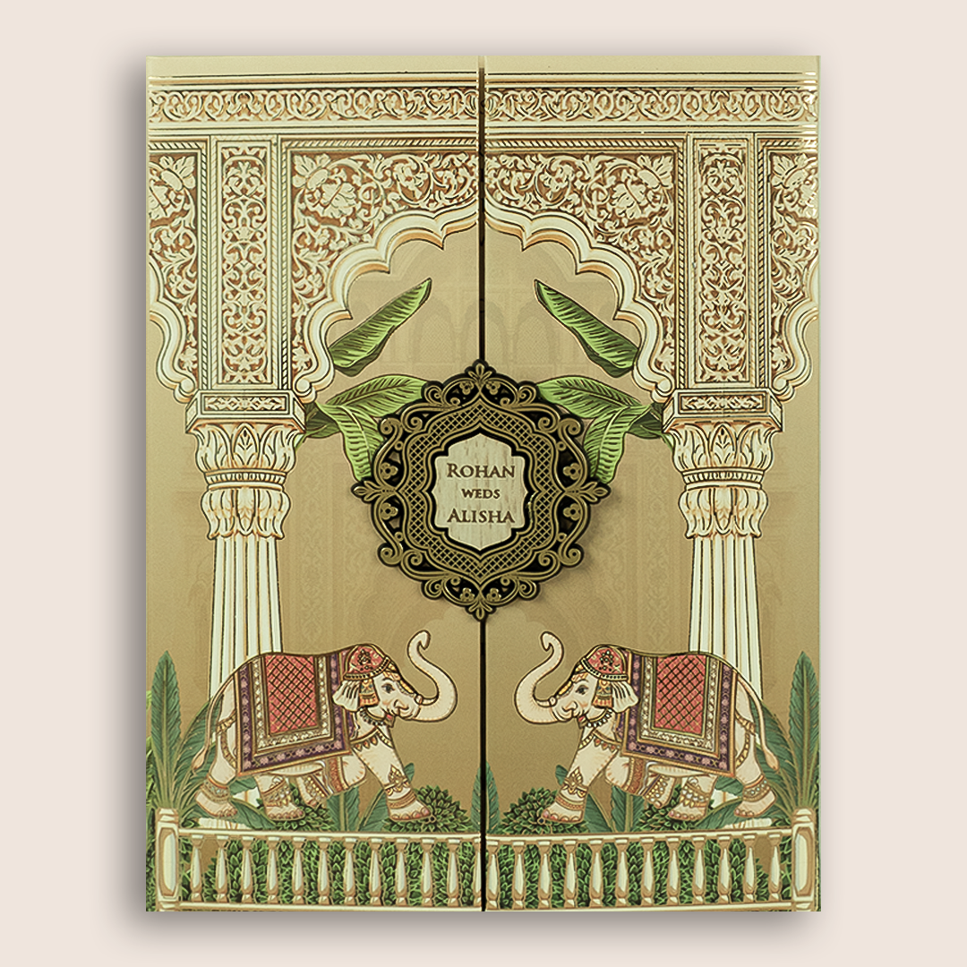 Pastel Brown Elephant Door Style Padded Invitation Card - KFR17300