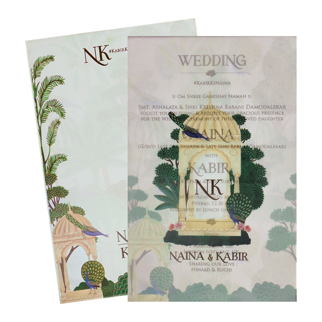 White Peacock Gazebo Wedding Card-KSH71030