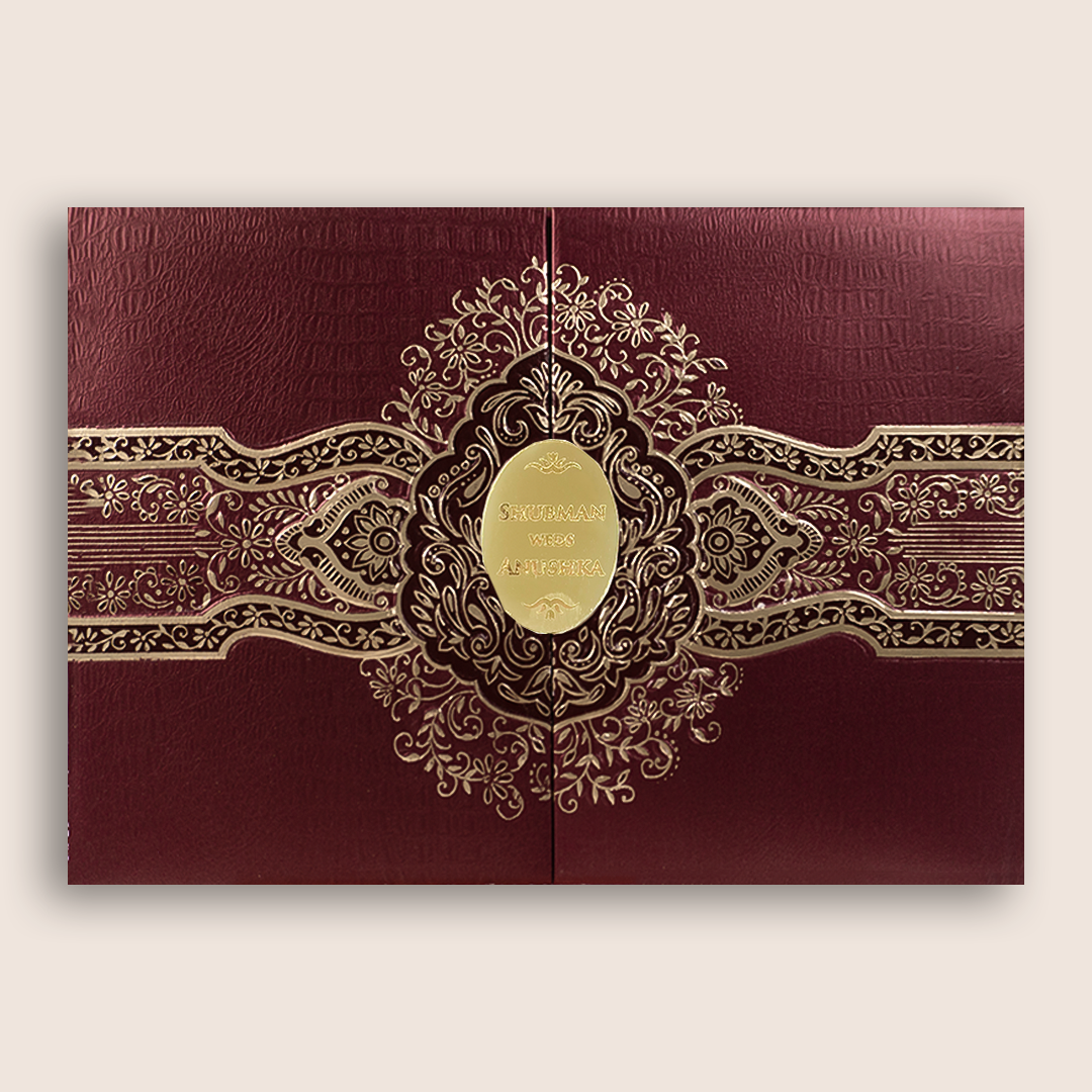 Maroon Floral Door Style Padded Wedding Invitation - KRB10500