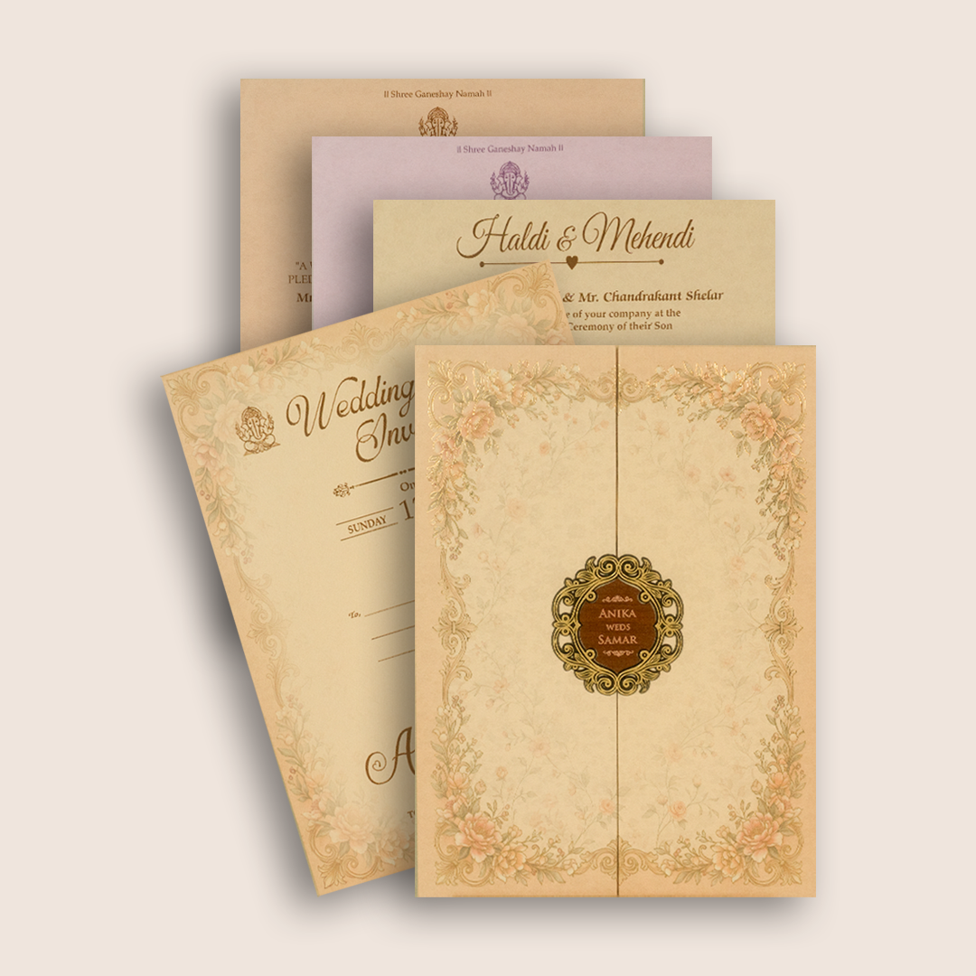 Beige Floral Padded Door Style Invitation Card - KSH18530
