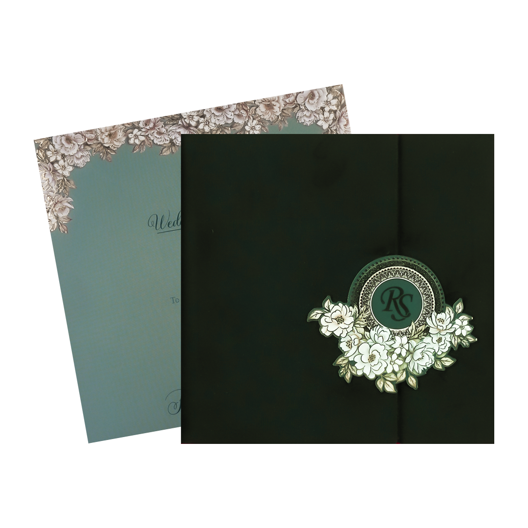 Green Velvet Floral Padded Wedding Card-KSI64200