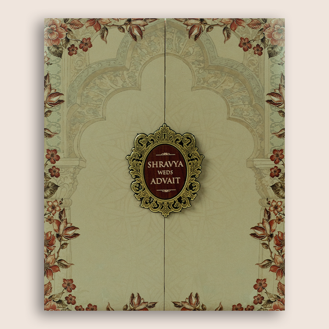 Beige Floral Door Style Wedding Card - KVN07590