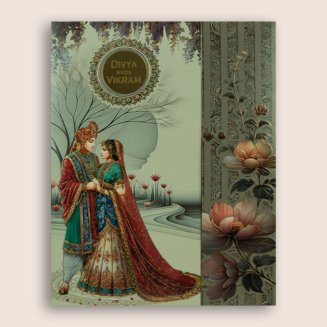 Grey Bride Groom Floral Door Style Wedding Invitation Card - KNKN6325