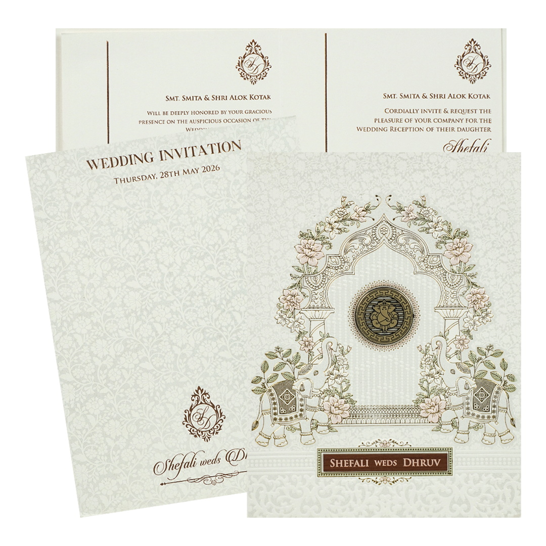 White Ganesha Elephant Embossed Wedding Card-KRE28390