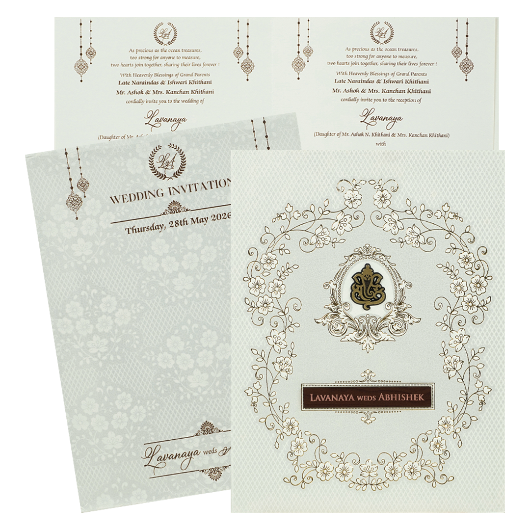 White Embossed Monogram Floral Wedding Card-KRE26870