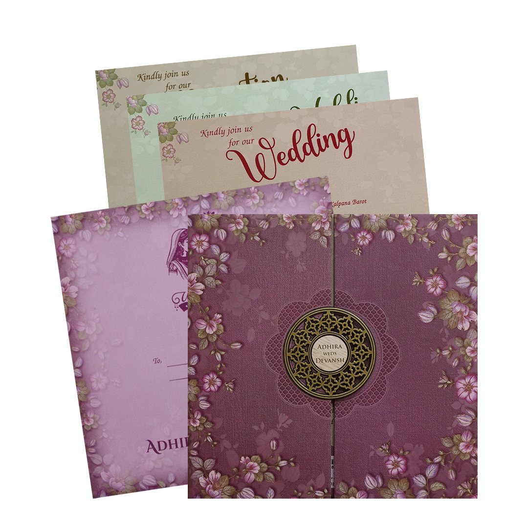Purple Floral Padded Wedding Card - KSH72800