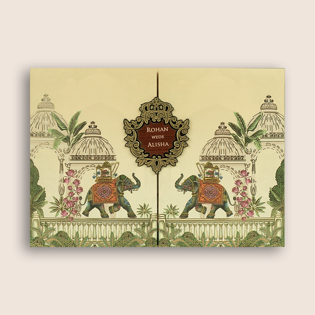 Beige Royal Elephant Door Style Padded Invitation Card - KFR17390