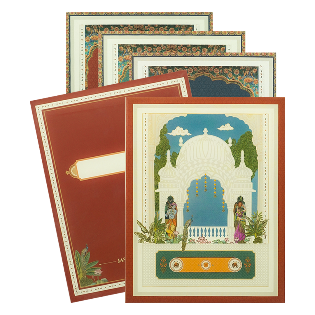 Maroon Radha Krishna Padded Wedding Card - KBM05150