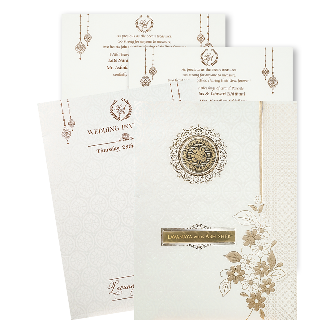 Check out White Embossed Monogram Floral Wedding Card at best price.WhatsApp Support|Express Delivery|King of cards.