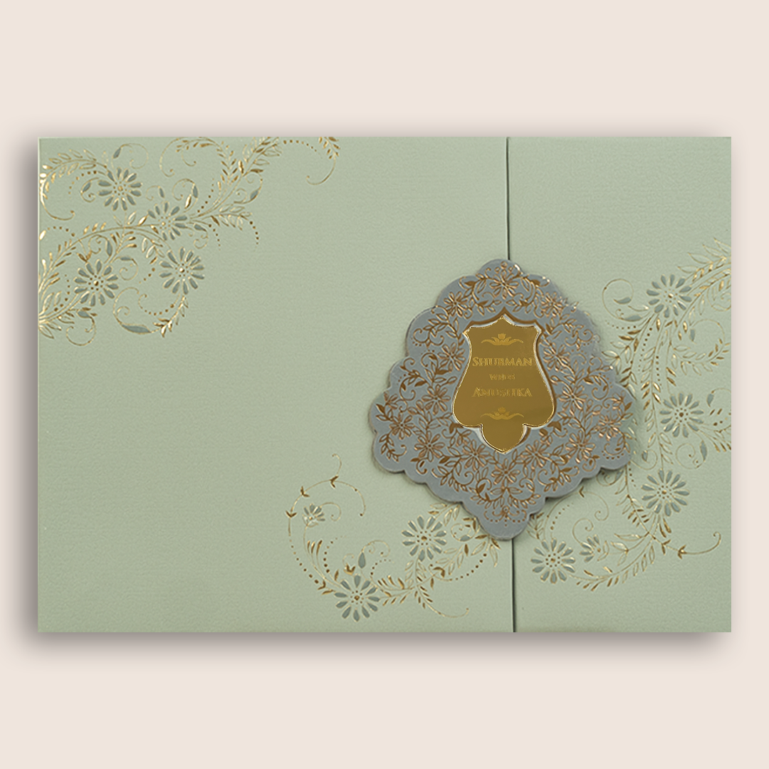 Pastel Green Embossed Floral Door Style Padded Marriage Card - KRB10461