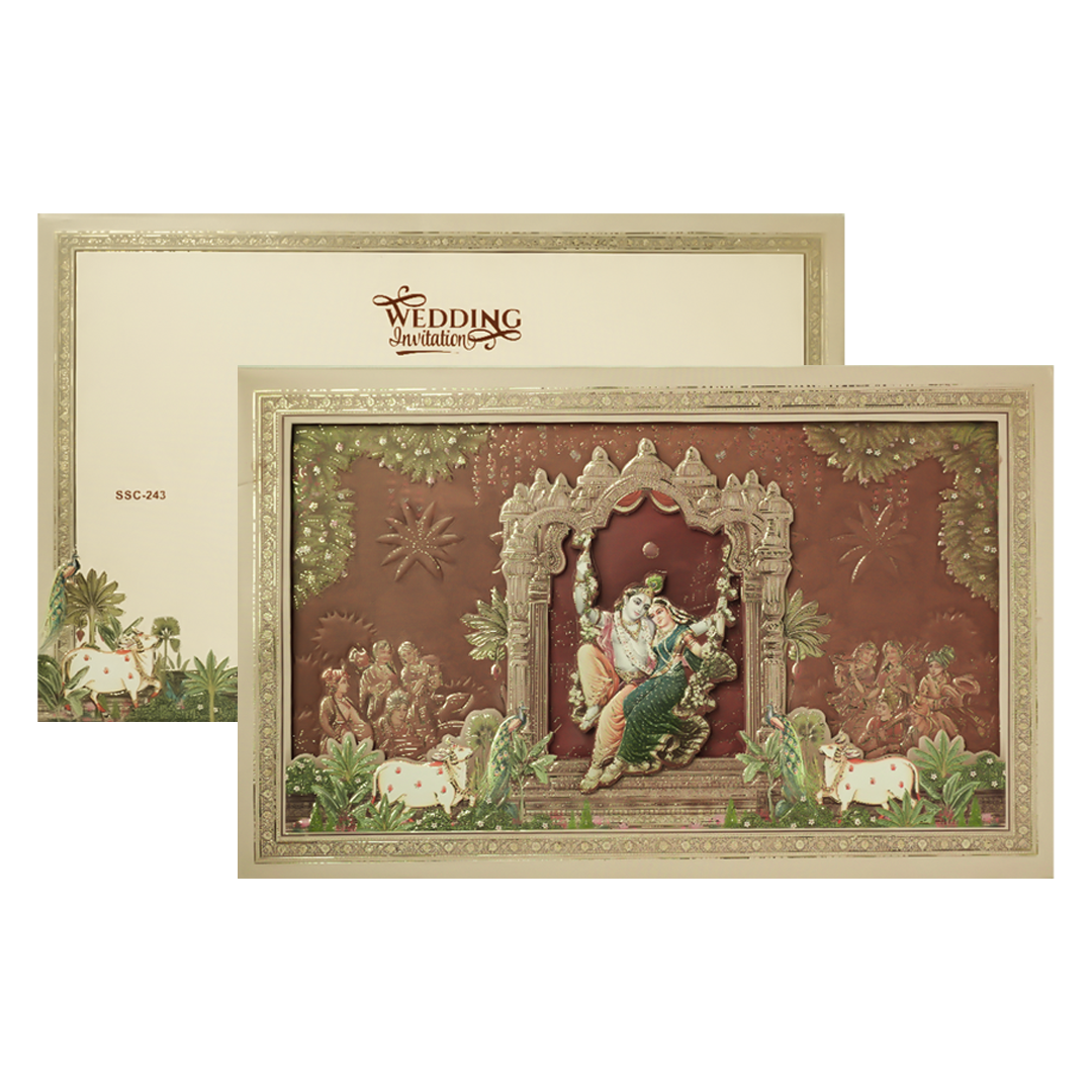 Brown Krishna Radha Padded Wedding Card-KSSC2430