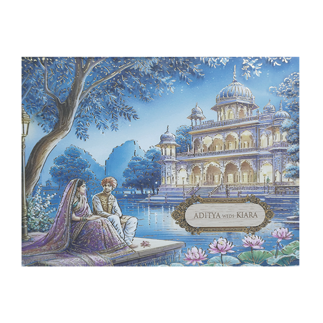 Blue Palace Couple Theme Wedding Card - KFR16290