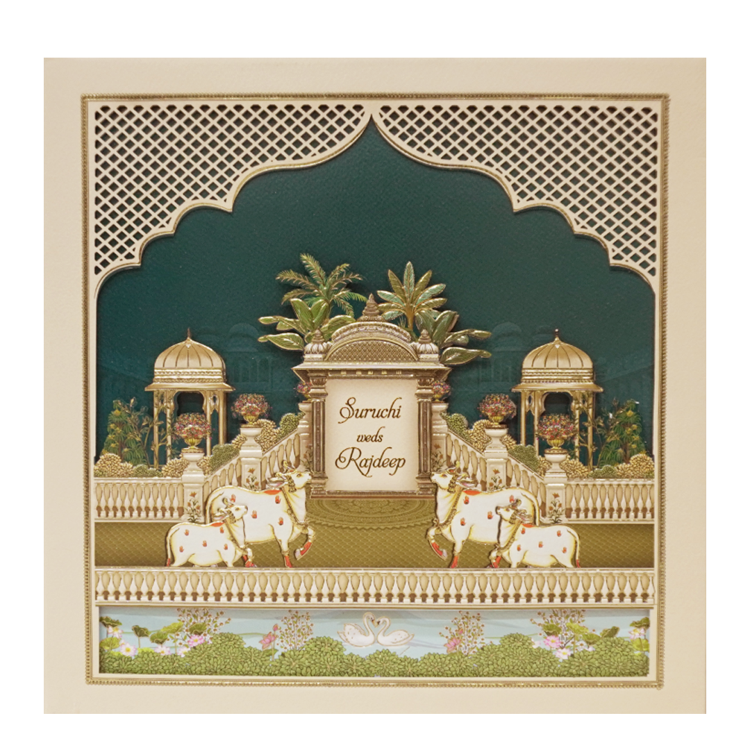 Palace Cream & Blue Padded Wedding Card-KMMEX8070