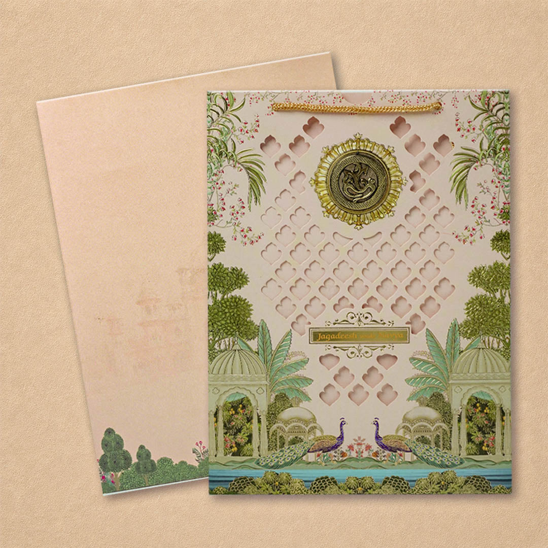 Cream Laser-Cut Bag Style Wedding Card - KNAS3106