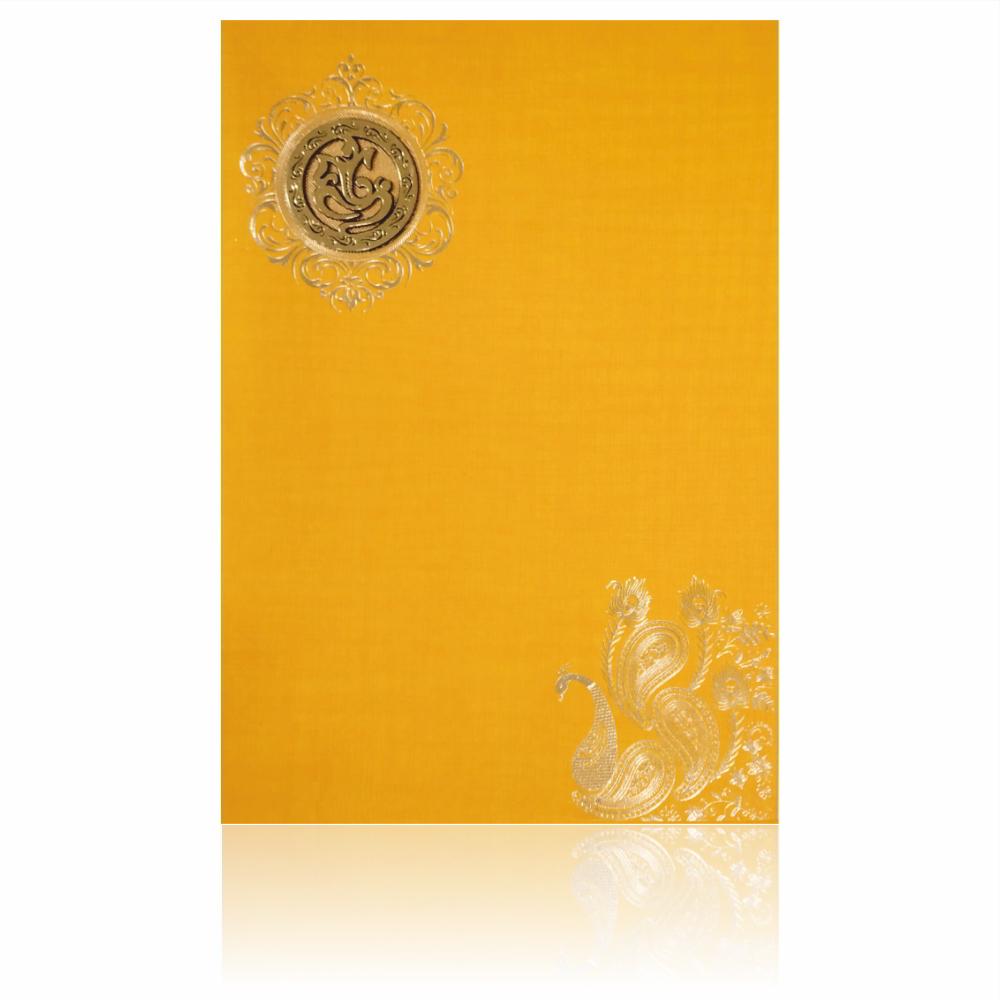 Orange Classic Paper Print Peacock Print And Ganesha Sticker Wedding Invitation Card-KNCP812O