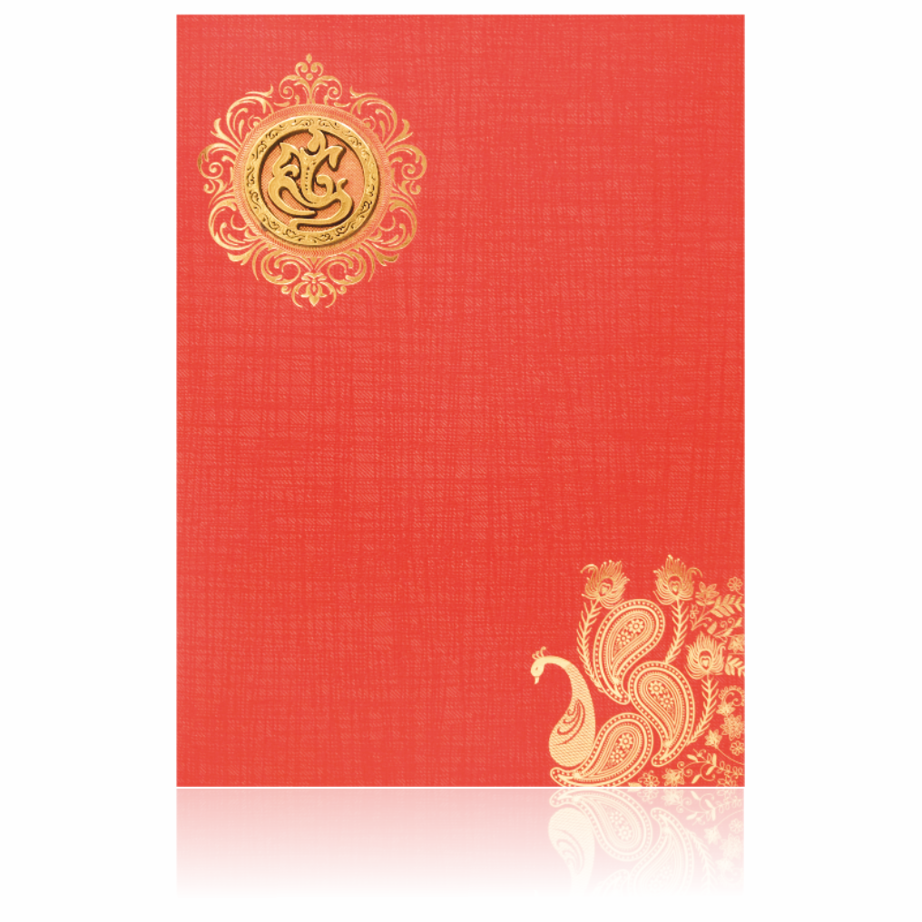 Red Classic Paper Print Peacock Print And Ganesha Sticker Wedding Invitation Card-KNCP812R