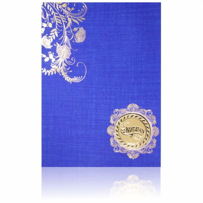 Blue Prince Paper Floral Design in Gold With Round ganesha Sticker wedding Card-KNPM708B-King of Cards
