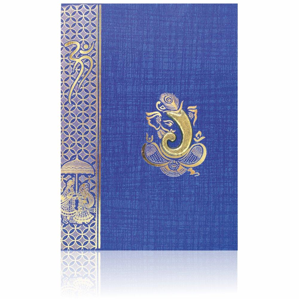 Blue Prince Paper Print Hindu Wedding Card With Gold Foiling Print Design-KNPM709B