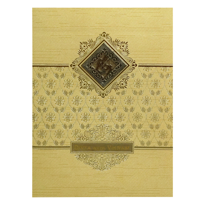 Metallic Gold Ganesha Nameplate Wedding Card-King of Cards