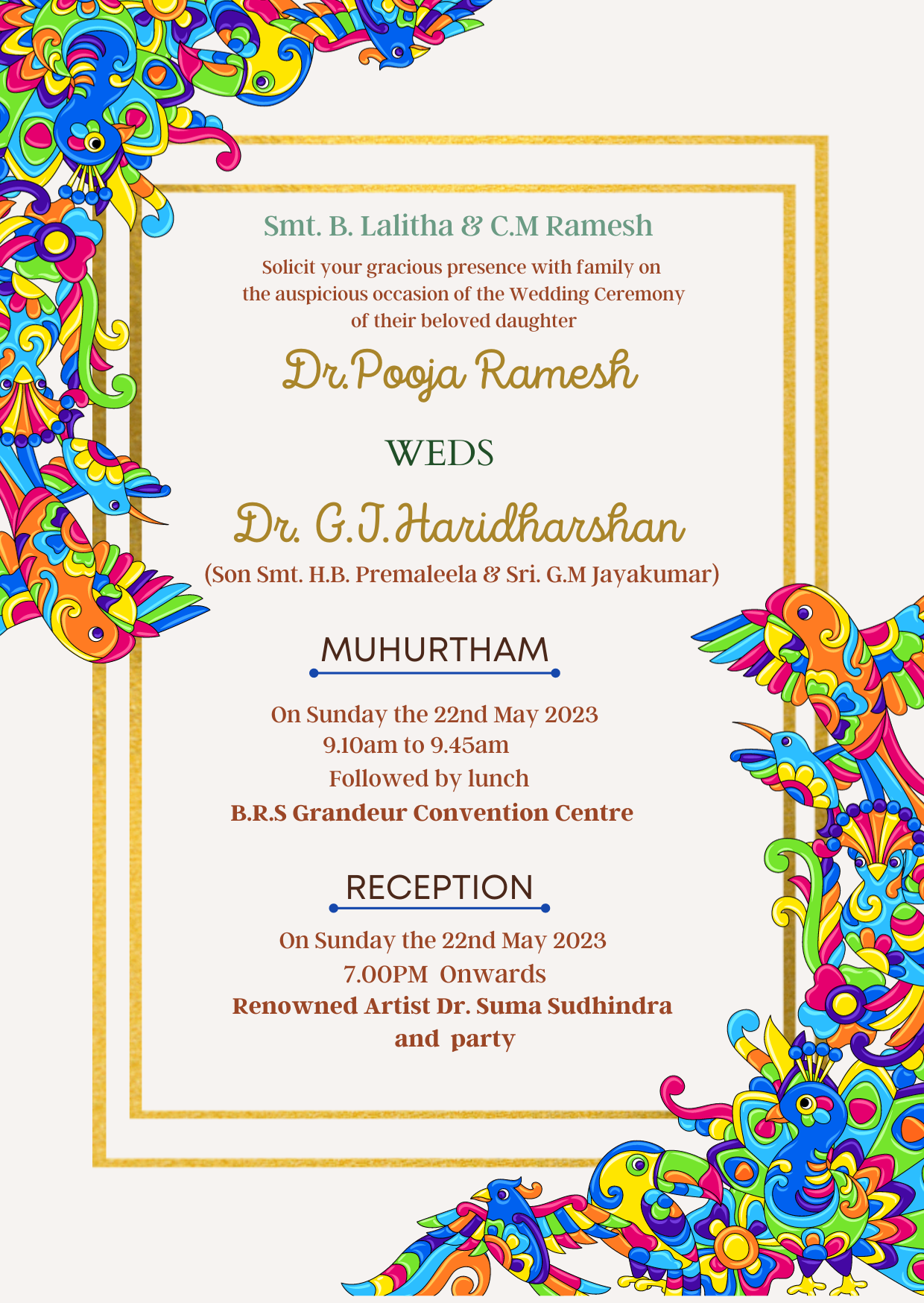 Colourful Floral and Bird Theme Wedding Invitation-EINK0033